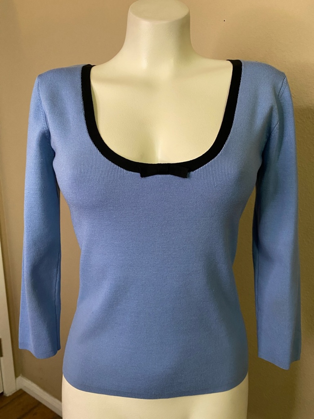U-KNIT Light Blue silk blend knit retro look bow neck rockabilly sweater top S 💙